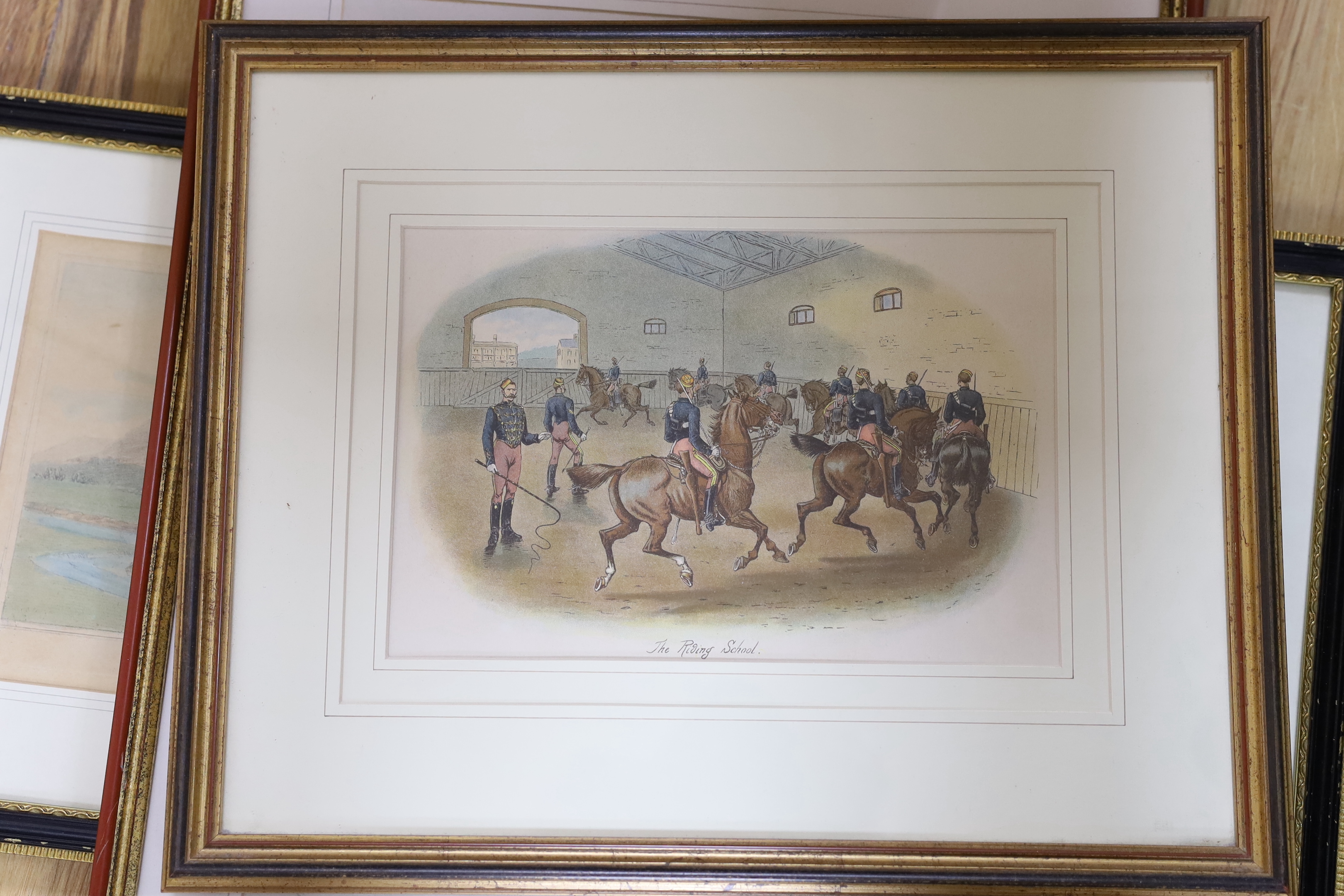 A collection of 19th century engravings / prints including one after Godfrey Kneller, The Lord Euston, Panoramic view of Abergavenny, publ. 1811 and a pair after Thomas Rowlandson including a pair of satyrical coloured e